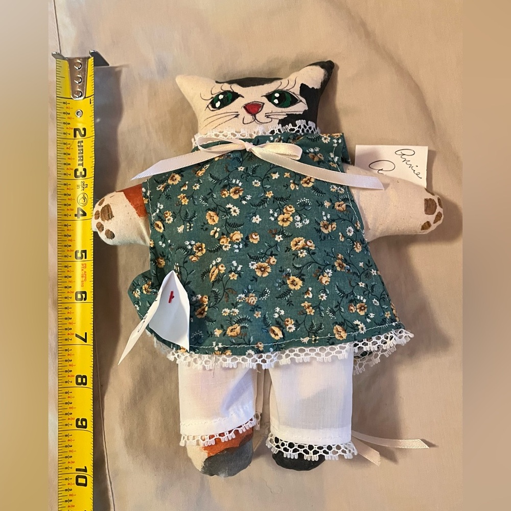 Handmade Calico Cat Doll with Green Dress